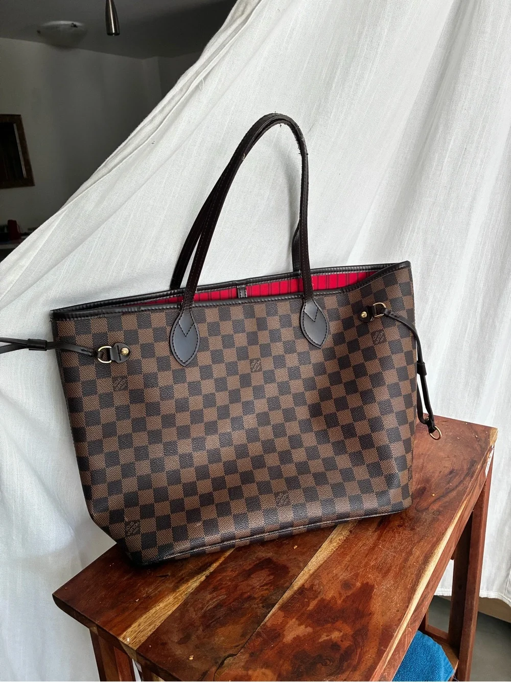 Louis Vuitton Brown Checkered Tote with Red Interior